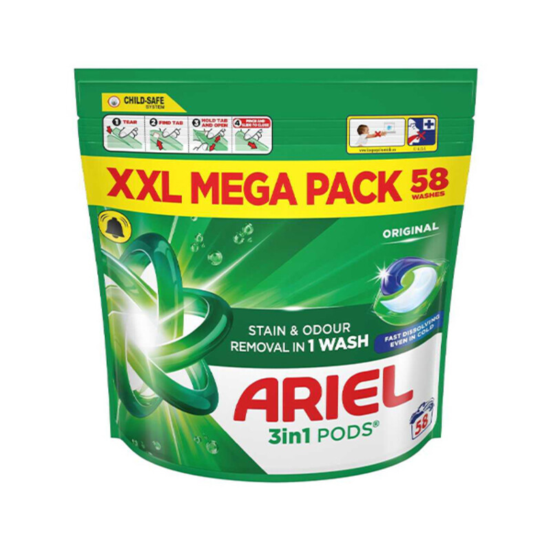 قرص ماشین لباسشویی آریل مدل ORIGINAL 3IN1 PODS زدودن آلودگی‌های سرسخت و شفاف‌کننده تخصصی الیاف تعداد ۵۸ عددی