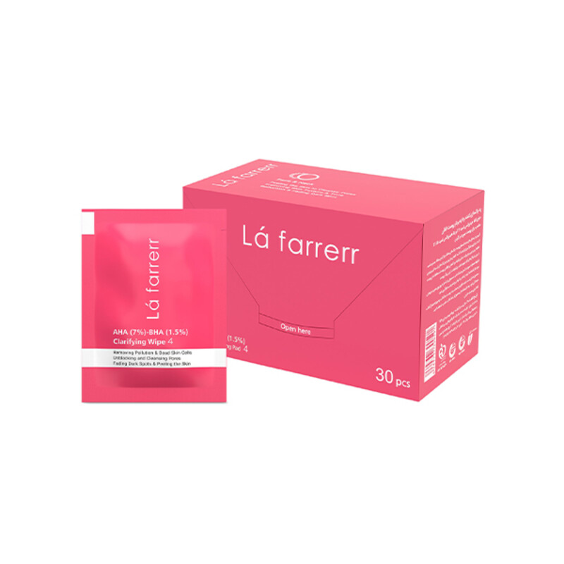 پد لایه‌بردار و شفاف‌کننده تخصصی صورت لافارر مدل AHA 7% &amp; BHA 1.5% رفع تیرگی و پاکسازی منافذ بسته ۳۰ عددی