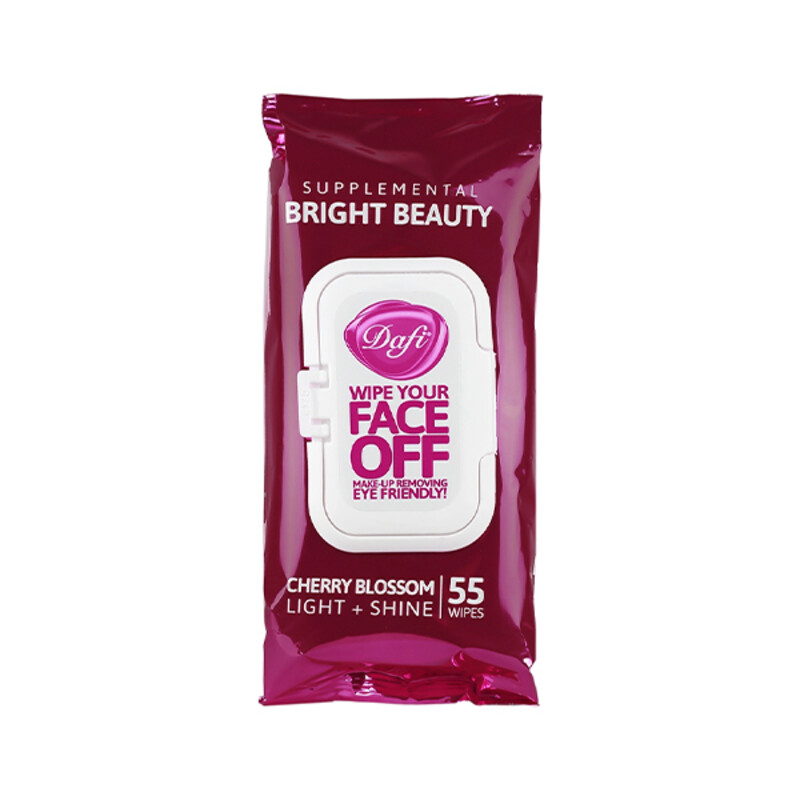 دستمال مرطوب پاک کننده آرایش دافی مدل Bright Beauty ماسب چشم و لب صورت حاوی عصاره شکوفه گیلاس بسته ۵۵ عددی