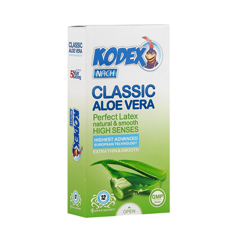 کاندوم خیلی نازک  کدکس مدل CLASSIC ALOE VERA  حاوی عصاره آلوئه ورا و روان کننده قوی بسته ۱۲ عددی