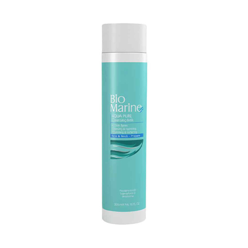 شیر پاک کن بایومارین مدل AQUA PURE پاک کننده و آبرسان عمیق مناسب انواع پوست حجم ۲۰۰ میل