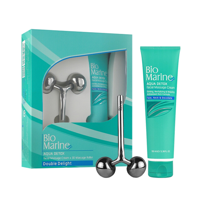 کیت  ماساژ صورت و گردن بایومارین مدل AQUA DETOX  رطوبت رسان همراه با ماساژور سه بعدی استیل حجم ۱۰۰ میل