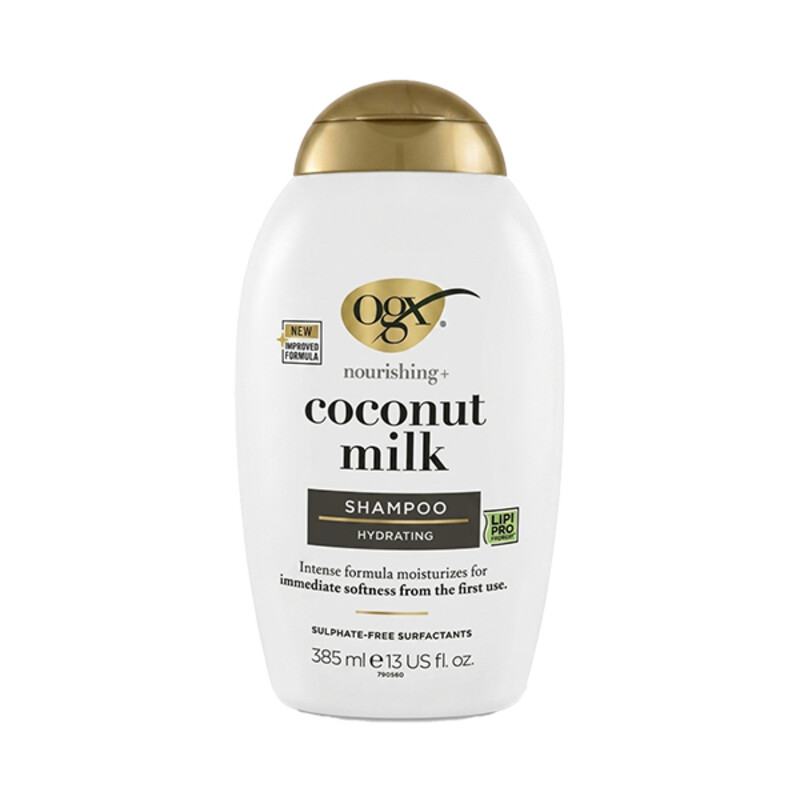 شامپو مغذی و فری سولفات او جی ایکس مدل COCONUT MILK با ترکیب پروتئین تخم‌مرغ و شیر نارگیل حجم ۳۸۵ میلی‌لیتر
