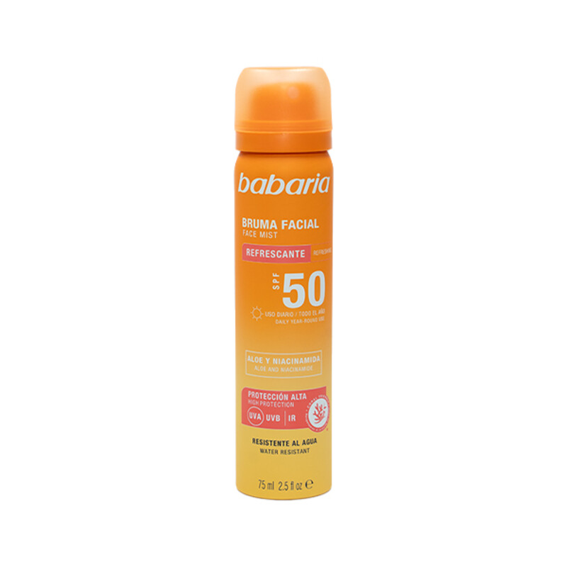 اسپری ضد آفتاب صورت باباریا مدل Refrescante SPF50 حاوی آلوئه ورا و نیاسینامید حجم 75ml