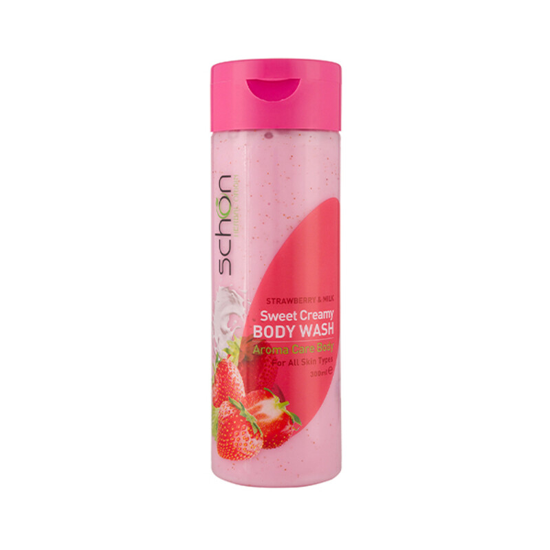 شامپو بدن کرمی مرطوب‌کننده و درخشان‌کننده شون مدل Strawberry & Milk حاوی عصاره توت فرنگی و پروتئین شیر مناسب انواع پوست حجم 300ml