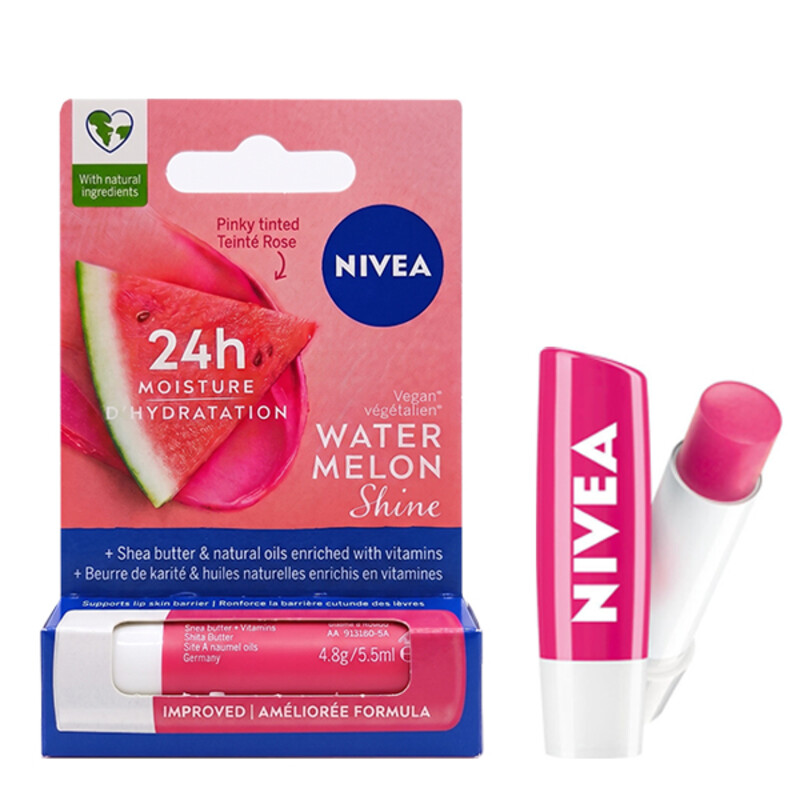 بالم لب نرم‌کننده و درخشان‌کننده نیوآ مدل Watermelon Shine با رنگ صورتی ملایم و SPF 15 وزن 4.8 گرم
