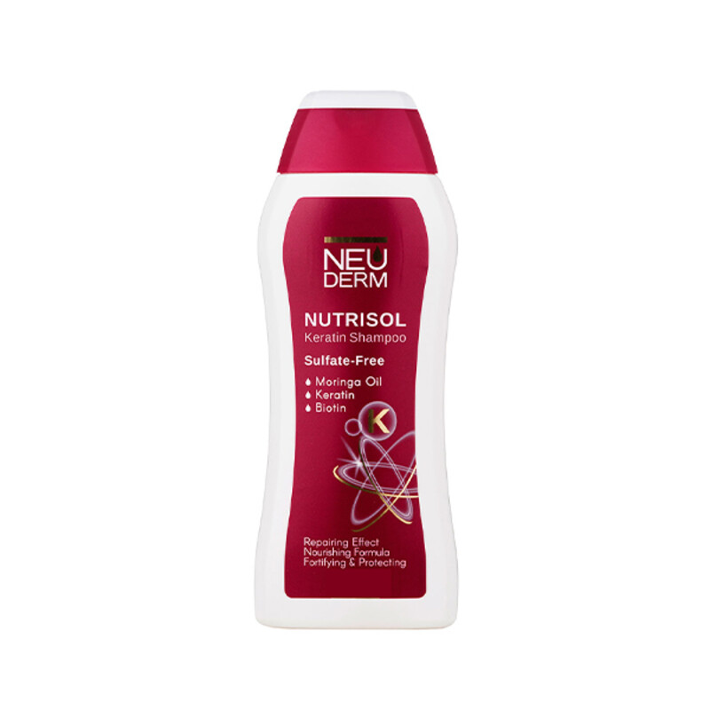 شامپو موهای کراتینه‌شده نئودرم مدل Nutrisol Keratin فاقد سولفات تثبیت‌کننده و ضد وز حجم 300ml