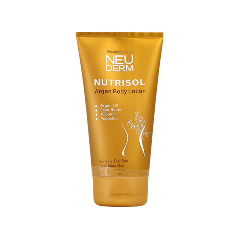 لوسیون مرطوب‌کننده و بازسازی‌کننده بدن نئودرم مدل Nutrisol Argan تغذیه‌کننده پوست‌های خیلی خشک حجم 150ml