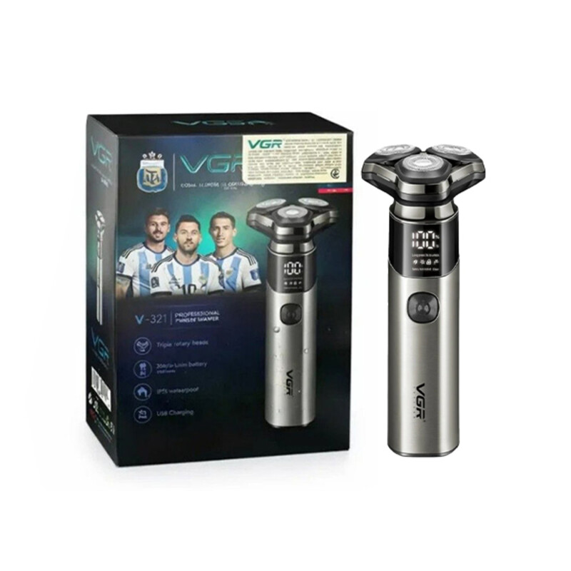 ماشین اصلاح و ریش‌تراش چرخشی ضدآب وی جی آر مدل VGR V-321 با تیغه‌های شناور سه‌بعدی، نمایشگر دیجیتال LED و خط‌زن سرخود