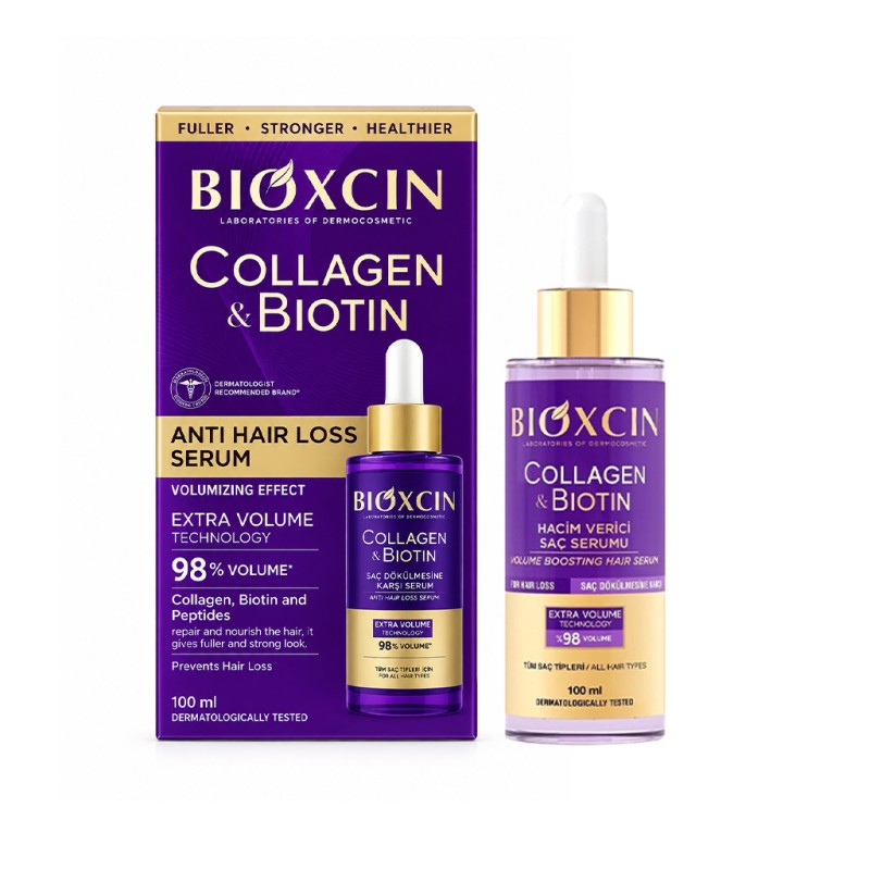 سرم موی حجم‌دهنده و ضخیم‌کننده بیوکسین مدل COLLAGEN & BIOTIN با تکنولوژی EXTRA VOLUME حاوی پپتیدهای مغذی حجم ۱۰۰ میل