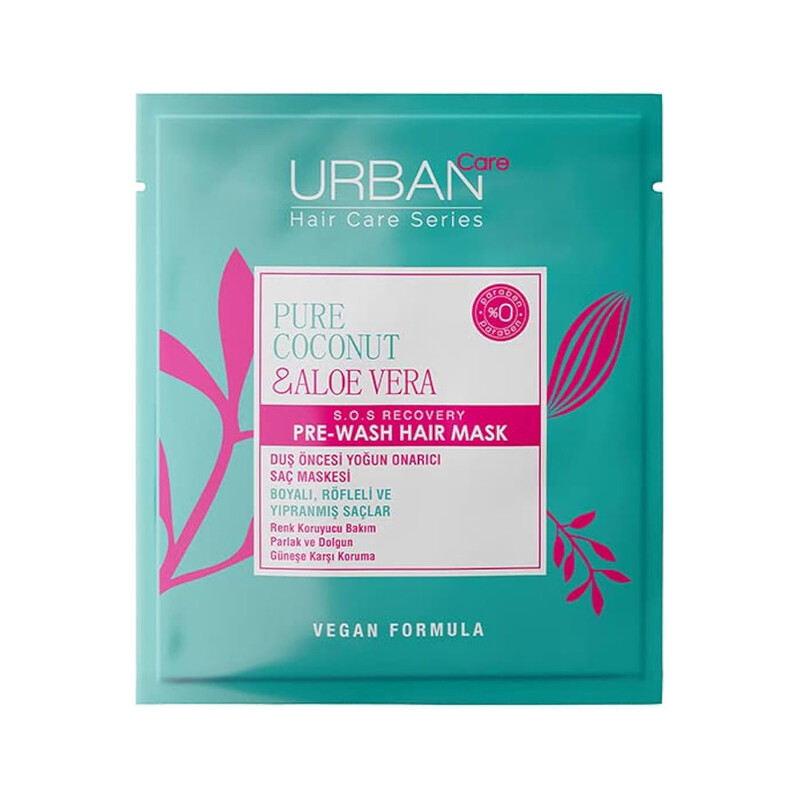 ماسک مو اربن کر مدل PURE COCONUT & ALOE VERA محافظ رنگ مو با فیلتر UV مناسب موهای رنگ شده حجم ۵۰ میل