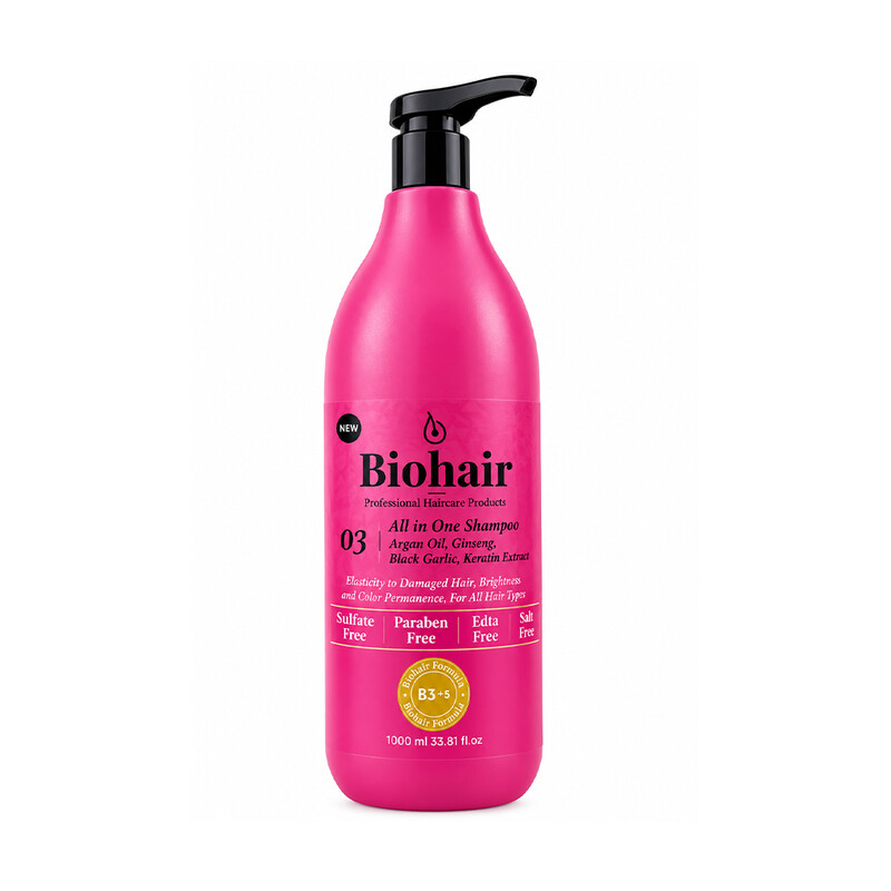 شامپو بایوهیر مدل ALL IN ONE SHAMPOO 03 مناسب انواع مو حاوی روغن آرگان و سیر سیاه حجم ۱۰۰۰ میل