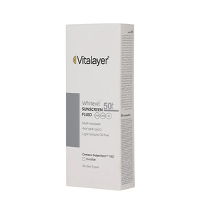 فلوئید ضد آفتاب بی‌رنگ ضد لک و روشن‌کننده پوست‌های دارای لک ویتالیر مدل Whitevit SPF50 حجم 50 میل