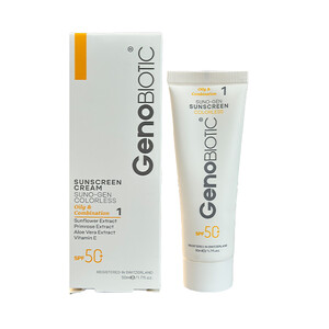کرم ضد آفتاب بی رنگ SPF50 مناسب پوست چرب و مختلط ژنوبایوتیک حجم 50 میل