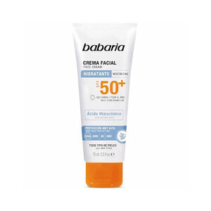 کرم ضد آفتاب و مرطوب کننده باباریا SPF 50 حاوی هیالورونیک اسید حجم ۷۵ میل