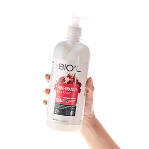 ماسک موی داخل حمام بیول مدل Pomegranate حاوی عصاره انار و کراتین مناسب موهای رنگ شده و آسیب دیده حجم ۸۰۰ میل