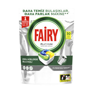 قرص ماشین ظرفشویی فیری مدل Platinum تمیزکننده و براق‌کننده قوی بسته ۵۰ عددی