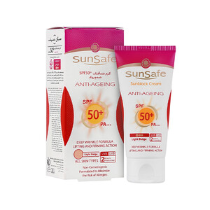 کرم ضد آفتاب و ضد چروک سان سیف SPF 50 رنگی (بژ روشن) حاوی هیالورونیک اسید مناسب انواع پوست حجم ۵۰ میل