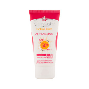 کرم ضد آفتاب و ضد چروک سان سیف SPF 50 بی‌رنگ حاوی هیالورونیک اسید مناسب انواع پوست حجم ۵۰ میل