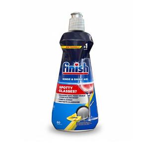 مایع جلادهنده و براق کننده لیمویی ماشین ظرفشویی فینیش مدل Parlatici با خاصیت خشک‌کنندگی سریع حجم ۴۰۰ میل