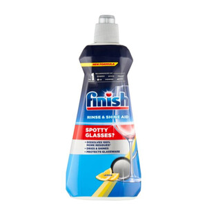 مایع جلادهنده و براق کننده لیمویی ماشین ظرفشویی فینیش مدل Parlatici با خاصیت خشک‌کنندگی سریع حجم ۴۰۰ میل