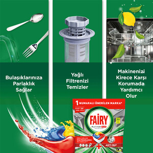 قرص ماشین ظرفشویی فیری مدل Platinum Plus با قدرت پاک‌کنندگی فوق‌حرفه‌ای و جلاسنج الماس‌گونه بسته ۳۰ عددی