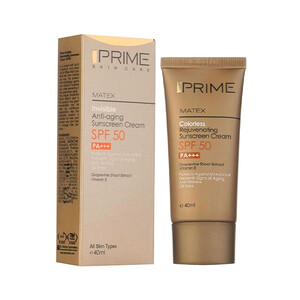 کرم ضد آفتاب بی رنگ فاقد چربی پرایم مدل Matex مناسب انواع پوست جوان کننده و ضد چروک حاوی عصاره موثر ضد پیری حجم ۴۰ میل