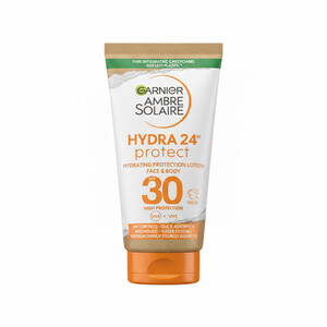 لوسیون ضد آفتاب آبرسان ۲۴ ساعته گارنیه مدل Hydra 24h Protect مناسب پوست صورت و بدن حاوی کره کاریته و ویتامین E با SPF 30 حجم ۵۰ میل