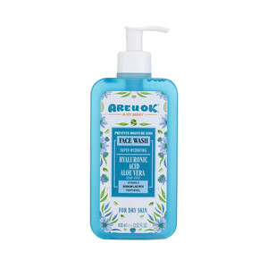 ژل شستشو صورت آر یو اوکی مناسب پوست های خشک حاوی هیالورونیک اسید و ژل آلوئه ورا با خاصیت آبرسانی عمقی و تسکین‌دهنده حجم ۴۰۰ میل