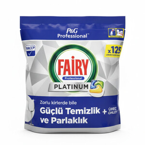 قرص ماشین ظرفشویی حرفه‌ای فیری مدل PLATINUM PROFESSIONAL با قدرت چربی‌زدایی عمیق و ضد رسوب رایحه لیمو تعداد ۱۲۵ عددی