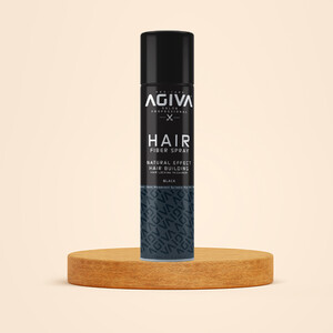اسپری پرپشت‌کننده و فیبر مو آگیوا مدل HAIR FIBER SPRAY رنگ مشکی (Black) مناسب انواع مو با جلوه طبیعی و ضدآب حجم ۱۵۰ میل