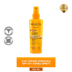 اسپری ضد آفتاب صورت و بدن بیوکسین مدل  VERY HIGH PROTECTION با SPF50 مناسب انواع پوست حاوی کلاژن و هیالورونیک اسید حجم ۲۰۰ میل