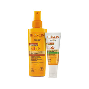 پک دو عددی ضد آفتاب صورت و بدن بیوکسین مدل SUN CARE VERY HIGH PROTECTION با SPF50 حاوی کلاژن و هیالورونیک اسید