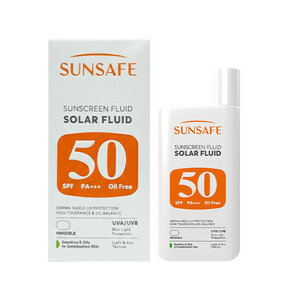 فلویید ضد آفتاب بی‌رنگ و فاقد چربی سان سیف مدل SOLAR FLUID با SPF50 مناسب پوست‌های حساس و چرب و مستعد آکنه وزن ۵۰ گرم