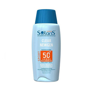 ژل هیدروالکلی ضد آفتاب بی‌رنگ آردن سولاریس مدل SOLARIS CLEAR NEWGEN با spf 50 مناسب پوست‌های چرب و جوش‌دار و ورزشکاران حجم ۱۰۰ میل