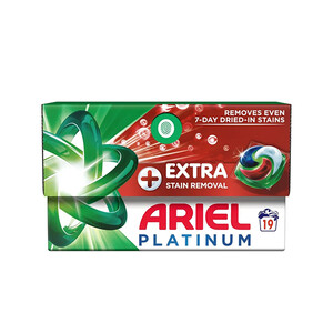 قرص ماشین لباسشویی آریل مدل PLATINUM EXTRA STAIN REMOVAL پاک‌کننده و درخشان‌کننده تخصصی الیاف تعداد ۱۹ عددی
