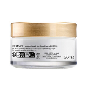 کرم ضد چروک و تغذیه‌کننده شب لورآل مدل YAS UZMANI 55+ GECE مخصوص افراد ۵۵ سال به بالا حاوی پپتید و روغن کاملیا حجم ۵۰ میل