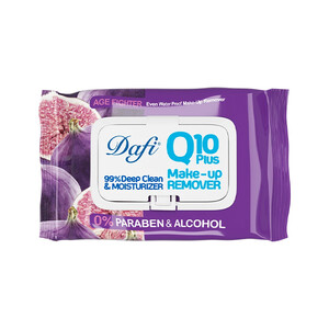 دستمال مرطوب پاک کننده آرایش دافی مدل Q10 PLUS مناسب چشم و صورت ضد چروک و سفت کننده پوست بسته ۵۰ عددی
