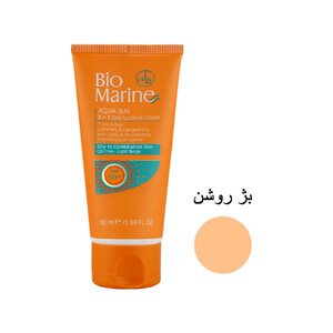 کرم ضد آفتاب 3 در 1  فاقد چربی  بایومارین مدل AQUA SUN با SPF50 روشن کننده و ضد چروک مناسب پوست های چرب و مختلط رنگ بژ روشن حجم ۵۰ میل