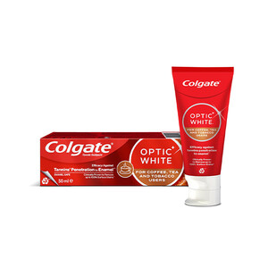 خمیر دندان کلگیت مدل Optic White با قدرت رفع لک‌های قهوه، چای و تنباکو حجم 50ml