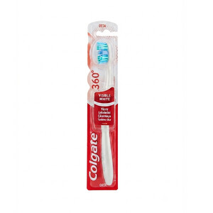 مسواک کلگیت مدل Visible White 360 با برس متوسط و پد پاک کننده زبان و مخاط دهان (تنوع رنگی رندوم)