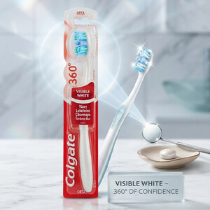 مسواک کلگیت مدل Visible White 360 با برس متوسط و پد پاک کننده زبان و مخاط دهان (تنوع رنگی رندوم)
