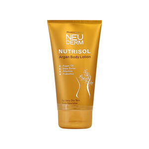لوسیون مرطوب‌کننده و بازسازی‌کننده بدن نئودرم مدل Nutrisol Argan تغذیه‌کننده پوست‌های خیلی خشک حجم 150ml