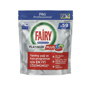 قرص ماشین ظرفشویی فیری مدل Platinum Plus Professional با قدرت چربی‌زدایی عمیق و جلادهندگی فوق‌العاده بسته ۵۹ عددی