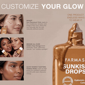 Farmasi Sunkiss Drop Liquid Bronzer حاوی کمپلکس رطوبت‌رسان با سدیم هیالورونات