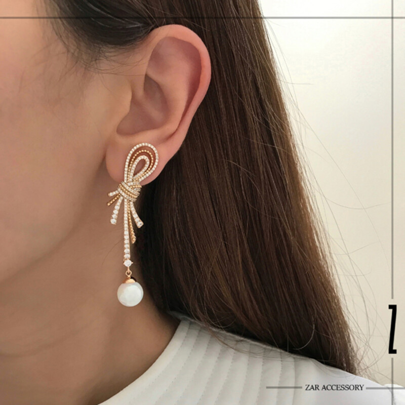 گوشواره گره فول نگین مروارید آویز