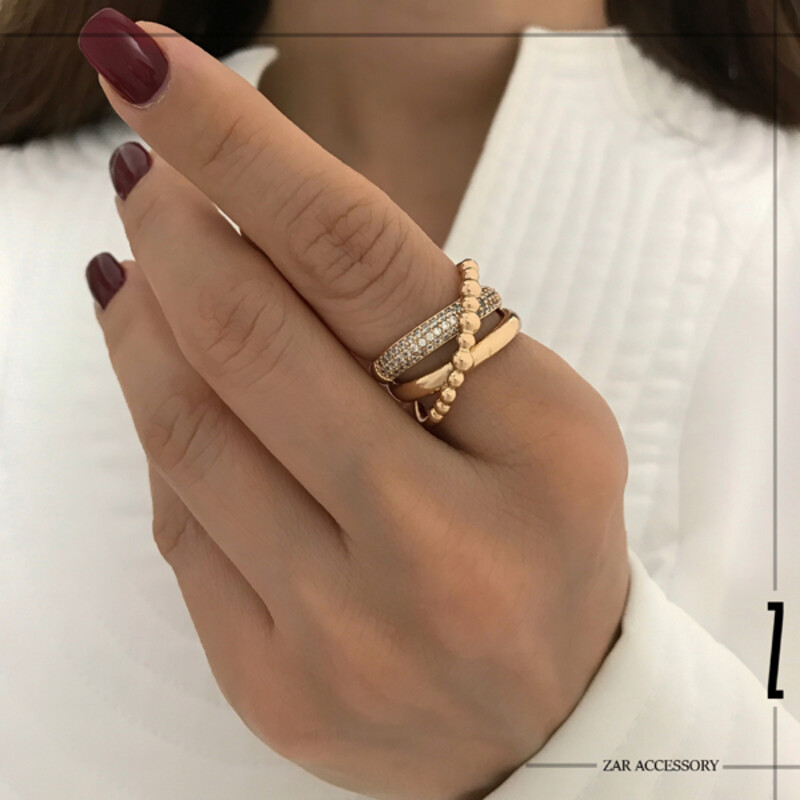 انگشتر سه لاین مورب گوی و نگین