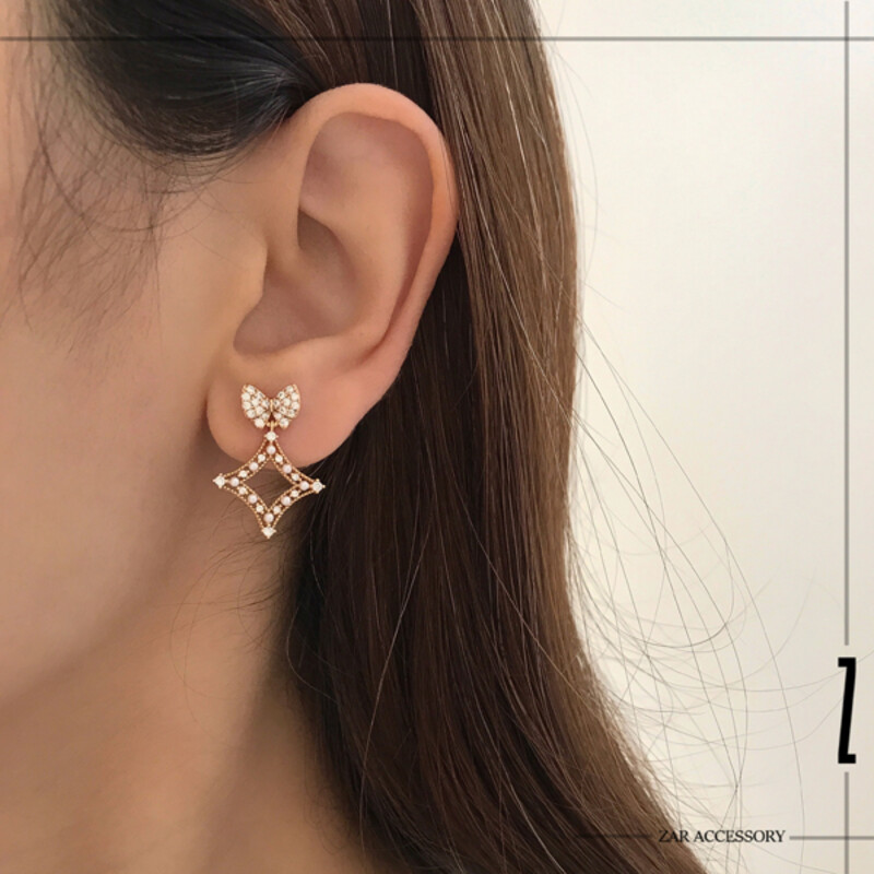 گوشواره لوزی پاپیون و مروارید