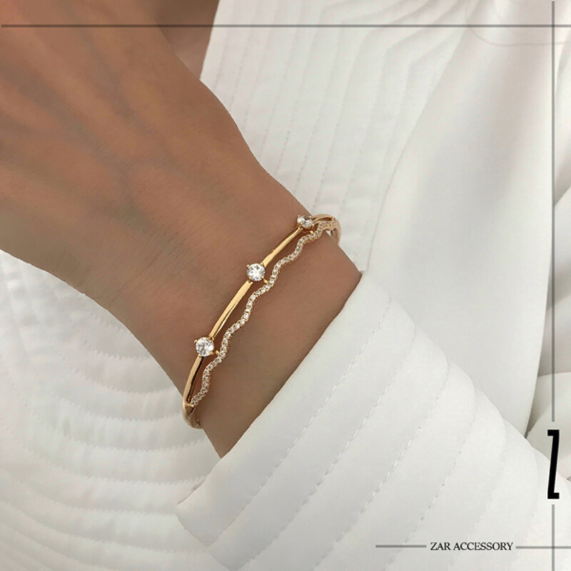 دستبند دو لاین موج‌دار و خطی نگینی