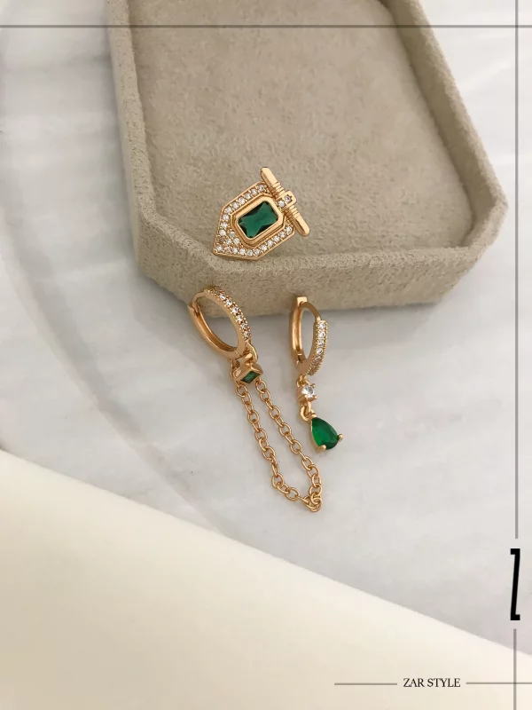 گوشواره سه تایی زنجیری زمردی